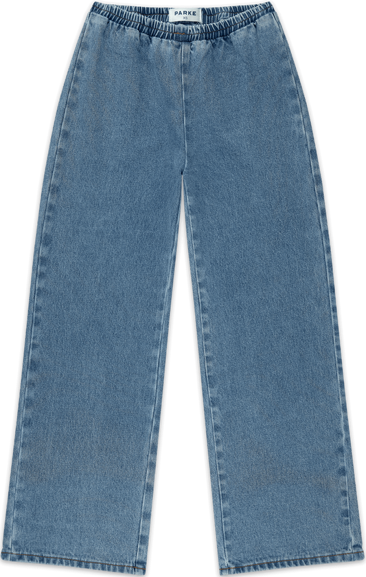 elastic denim pant flat lay -vintage wash
