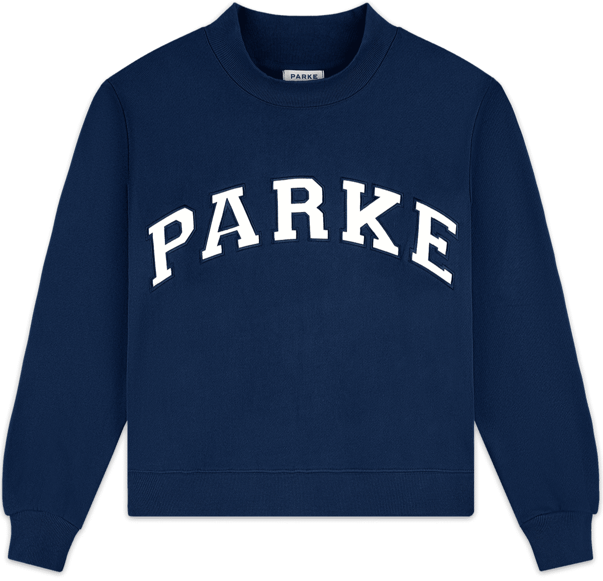 heritage varsity mockneck flat lay -denim + white